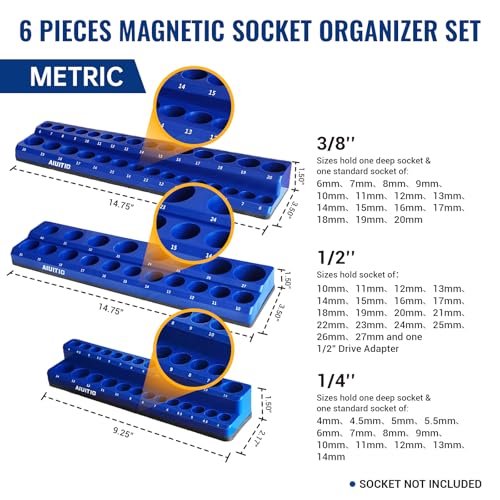 AIUITIO 6-Piece Magnetic Socket Organizer Set, Magnetic Socket Holder Includes 1/4", 3/8", 1/2" Drive Metric SAE Socket Trays,Holds Standard and Deep Sockets - size: Magnetic Design
