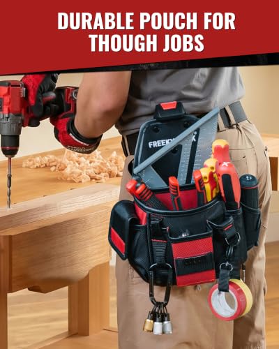 Electrician Tool Pouch with Quick Detach Belt Clip, Heavy Duty Tool Belt Pouches with Notebook Pocket, Tape Measure Holder & Screwdriver Loops for Carpenter, Contractor, HVAC Tech & DIY - size: Large Pouch