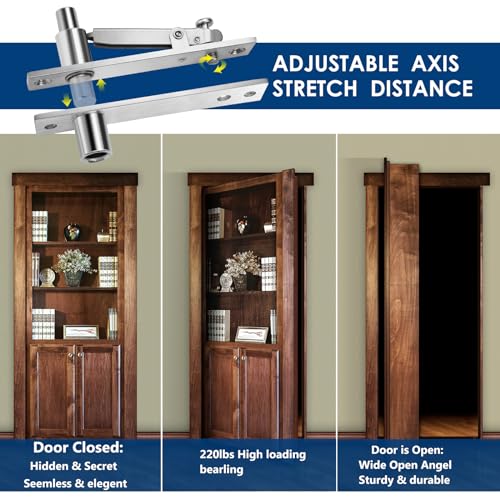 1 Pack | Heavy Duty Pivot Hinge Set with Door Ball Catch for Wood Door - HBL' Stainless Steel Hidden Door Hinge for Secret Door, 360 Degree Rotation, Invisible Pivot Door Hardware for Bookshelf.