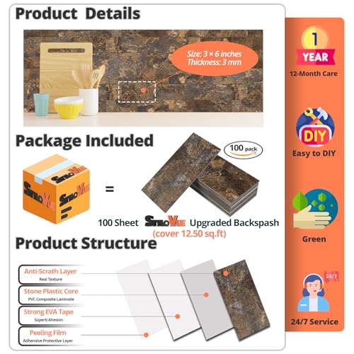 StyloVue 100 Pieces Peel and Stick Backsplash for Kitchen, 3" x 6" PVC Subway Tile 2026 Upgraded Rust Slate Backsplash Stick on Tile Elevate Kitchen, Bathroom, Fireplace,RV - color: Rust Slate