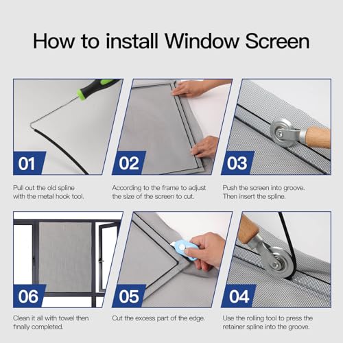 Window Screen Door Repair Kit Include Window Screens Mesh 48"x118" with All Tools in Window Screen Replacement(2pcs Screen Rollers, Screen splines, Hook, Utility Knife and Ruler), Yolovit - size: 48"x118"