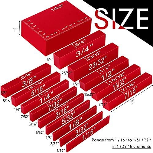 Setup Blocks Height Gauge Set, 15 Pieces Aluminum Block Precision Saw Kit Drill Press Table Router Setup Blocks Woodworking Tool Bars Accessories Laser Engraved Size Markings(Red)