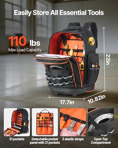 VEVOR Rolling Tool Backpack, 110 lbs Load Capacity, 72 Pockets Heavy Duty Roller Tool Bag on Wheels, Adjustable Telescoping Handle & Stable Base, Toolbag Organizers for Construction, Mechanic - size: 72 Pockets + Rolling