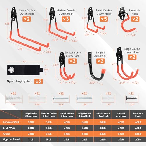 TONDA Garage Hooks, 20 Pack Wall Storage Hooks for Bike, Ladder and Tools - color: Orange