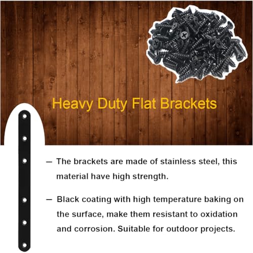 4 Pack Black Straight Brace Brackets 8 Inch Stainless Steel Flat Mending Plates, Heavy Duty Repair Fixing Joining Brackets for Wood with Screws
