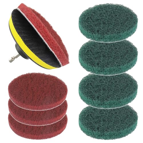 5 Inch Scrub Drill Brush Power Scouring Pads Household Cleaning Set for Kitchen Bathroom 4 Red Pads 4 Green Pads 1 Drill Attachment and 1 Universal Shaft