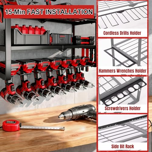 Power Tool Organizer Wall Mount, 150Lbs 3 Layer Metal Tool Storage Rack with 7 Cordless Drill Holder Heavy Duty, Battery Drills Storage Tool Organizer for Workshop,Garage,Tool Room,Pegboard - color: Without Charging Station, size: 3-Tiers,7 Slots