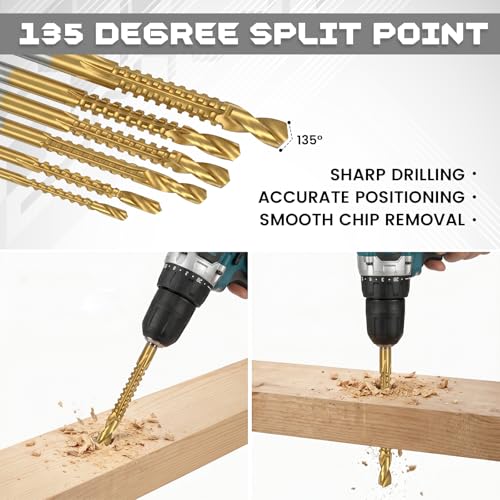 JJUNW 6 Pack Titanium Coated HSS Twist Drill Bits, 3-8mm Serrated Side Cutting Drill Bit, Hex Shank Serrated Cutting Drill Bits, Woodworking Tools for Wood Metal Plastic Hole
