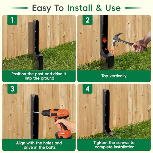 2 Pack Fence Post Repair Kits with Strong One-Piece Steel Anchor & Stakes - color: Black-2pack
