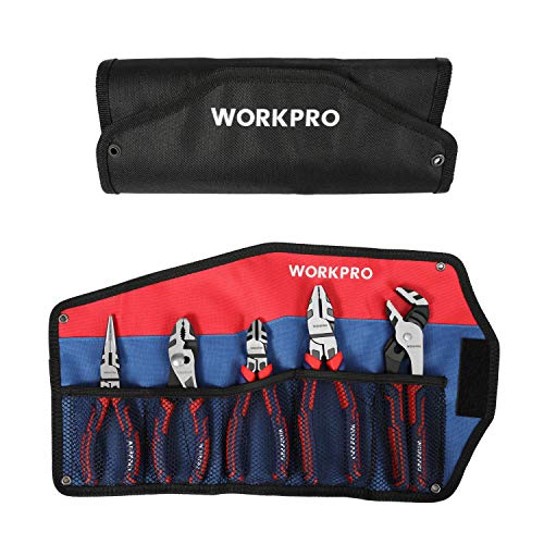 WORKPRO Pliers Set, Premium Cr-V Construction, Includes 6 Inch Slip Joint, Long Nose, Diagonal Cutting, 8 Inch Groove Joint, 7 Inch Linesman and Storage Pouch, for Basic Repair (Pack of 2) - size: 5-piece (Pack of 2)