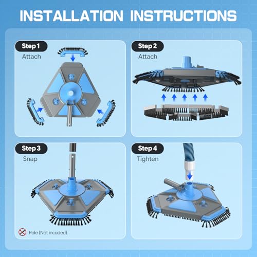 UIRWAY 4-in-1 Deluxe Swimming Pool Cleaning Kit - Includes Upgrade Triangular Pool Vacuum Head, Detachable Brush, Deep Leaf Skimmer Net, Adjustable Aluminum Pole Inground & Above Ground Pools - size: 13.7" Vacuum Head
