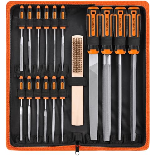 REXBETI 25Pcs Metal File Set, Tool Sharpening, Woodworking, Finishing File | 4 Large Flat/Triangle/Half-Round/Round File, 12 Needle Files, Working with Wood, Metal, Glass, Tile, Leather, Plastic, T12 - style: 25PCS