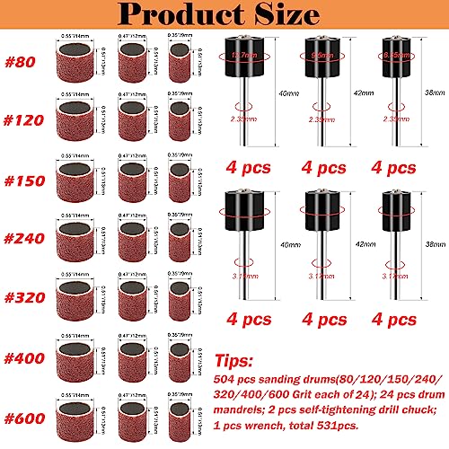 552 Pcs Sanding Drum Set, 504 Pcs 80 120 150 240 320 400 600 Grit Drum Sander Sleeves and 24 Pcs Drum Mandrels,2 Pcs Self-Tightening Drill Chuck and Combination Wrench for Rotary Tool - size: 513PCS