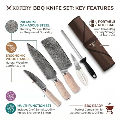 KOFERY Butcher Knife Set in Damascus Steel for Grill & Pit Masters - color: Natural-Wood