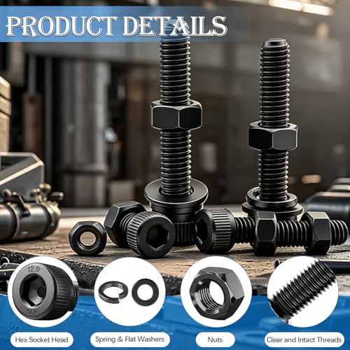 mxuteuk 521PCS M4 Screws Assortment Kit,M4×6/8/12/16/20/30mm 6 Size Hex Socket Head Cap Bolts, Nuts & Washers Set,12.9 Grade Alloy Steel Black Zinc M4 Bolts for Mechanical, Repair & DIY - size: 521PCS M4