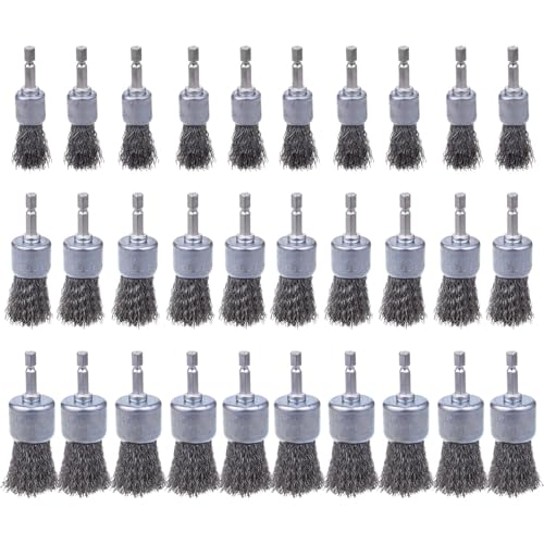 Rocaris 30 Pack Carbon Steel Wire Wheel Brush with 1/4-Inch Hex Shank | 3 Sizes, 13/16", 1", 1-3/16" Inch, Pen Brush for Rust Removal, Corrosion and Scrub Surfaces