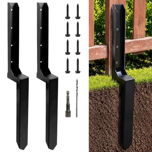 2 Pack Fence Post Repair Kits with Strong One-Piece Steel Anchor & Stakes - color: Black-2pack