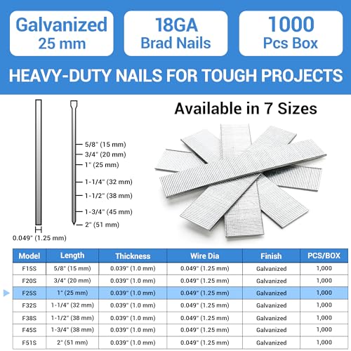 meite 18 Gauge 1-Inch Galvanized Brad Nail Ideal for Trims, Molding, Woodworking for Pneumatic, Electric Brad Nailer Gun (1,000 Counts) - size: 1"