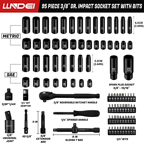 LLNDEI 3/8" Drive Impact Socket Set 95Pcs SAE/Metric - size: 95-Piece 3/8" Drive Impact Socket Set