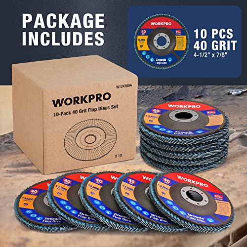 WORKPRO 10-Pack Zirconia Flap Discs, 4-1/2" x 7/8", T29, 40 Grit | Zirconia Abrasive Flap Sanding Discs for Angle Grinders - style: 40 Grit