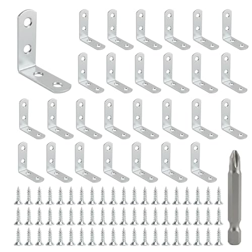 30 Pcs Metal L Brackets for Wood, 90 Degree Right Angle Brackets for Wood | l bracket Corner Braces for Wood Furniture Cabinet Drawer Chair(1.57 x 1.57 x 0.63 in), with 120 Screws, 1 Bit