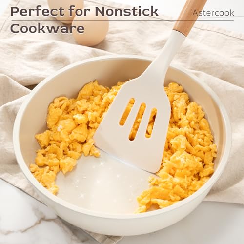 Astercook Kitchen Utensils set, 39 PCS Silicone Cooking Utensils Set with Wooden Handle, 446°F Heat Resistant Food Grade Utensil Sets, BPA Free Kitchen Gadgets Tools Set for Nonstick Cookware (Cream) - color: Cream