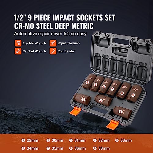 VEVOR 1/2" Drive Impact Socket Set, 9 Piece Deep Socket Set Metric 29-38mm, 6 Point Cr-Mo Spindle Axle Nut Impact Socket Set for Auto Repair,Easy-to- Read Size Markings, Includes Storage Case - size: 1/2" 9 PCS CR-MO