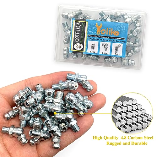 1/4"-28 24Pcs Grease Fitting Assortment Straight 45 90 Degree Grease Zerk Fittings, Galvanized Steel Grease Fittings and grease gun tips for Industrial/Agricultural Machinery Cars Ships ets - size: 1/4"-28 24Pcs