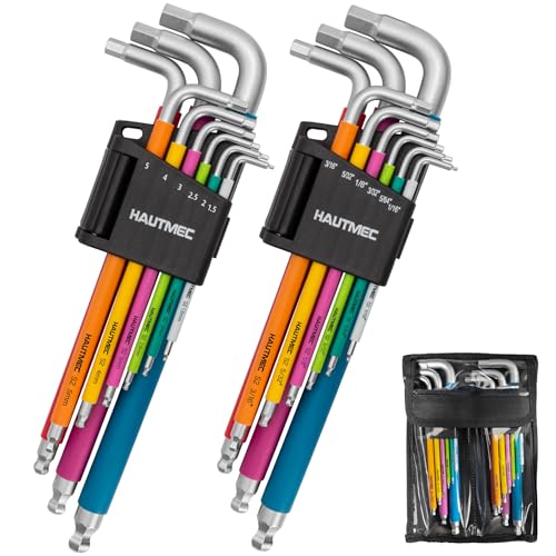 HAUTMEC Allen Wrenches Sets with Ball End(SAE & Metric), 18PCS Extra Long Arm Hex Key Set, Heavy-Duty S2 Steel Pro Allen Key Set, 1/16" to 3/8" and 1.5-10mm, Color Coded Sleeve with Belt Loop Pouch - style: 18PCS(SAE & Metric)