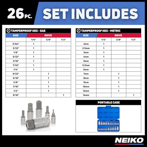 Neiko 01144A Tamper-Proof Hex Bit Socket Set, 26 Pieces | SAE (5/64-9/16”) and Metric (2-14MM) - size: 26 Piece, style: TP Allen Hex Bit