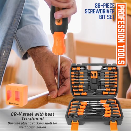 Amartisan 86-Piece Magnetic Screwdrivers Set with Case, Includs Slotted, Phillips, Hex, Pozidriv,Torx and Precision Screwdriver Set, Magnetizer Demagnetizer Tools, Tools for Men - style: 86-Piece Screwdrivers Set