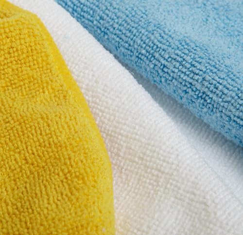 Amazon Basics Microfiber Cleaning Cloths, Ultra Absorbent, Lint Free, Streak Free, Non-Abrasive, Reusable and Washable, 16" x 12", Blue/White/Yellow, Pack of 24 - color: Blue/White/Yellow, size: 24-Pack