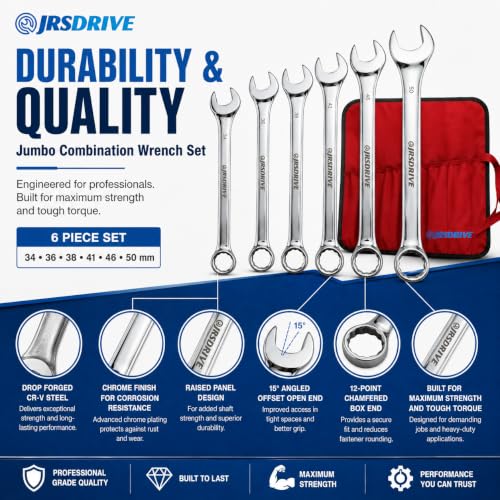 Jumbo Combination Wrench Set, 6 Piece Metric Chrome Finished Sizes 34 to 50 MM, Heavy Duty CR-V Steel Construction, Industrial Grade Spanner Kit for Automotive, Workshop & Mechanical Use