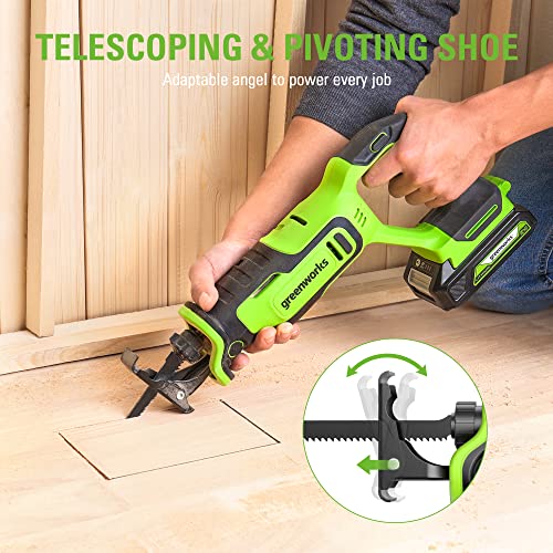 Greenworks 24V Brushless 1" Cordless Reciprocating Saw (3,000 SPM), Light Weight Compact Handsaw, Variable Speed Trigger, Tool Only - size: Brushless 1" Compact Recip Saw, style: Tool Only
