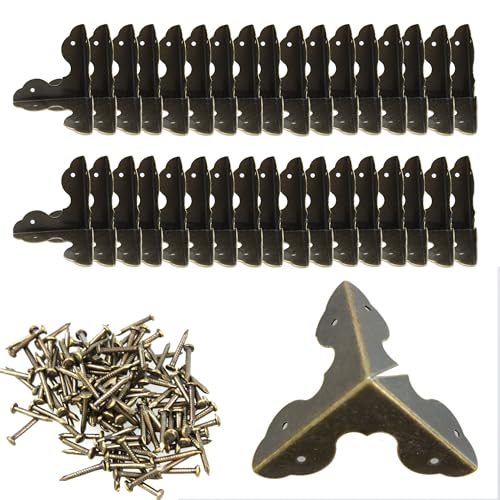 32PCS Antique Bronze Jewelry Box Corner Bracket, Metal Cabinet Corner Protector for Wooden, Chest, Table, Desk, Photo Frame, DIY (1.3*1.3*1.3 inch) - style: Antique Bronze-1.3inch