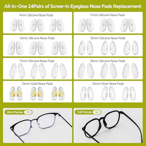 Eyeglass Nose Pads Replacement, 24 Pairs of Screw-in Glasses Nose Pads with Precision Screwdriver Set, Magnetic Eyeglass Repair Kit with Screws, Curved Tweezer for Travel, Birthday Gift, Christmas - color: Green