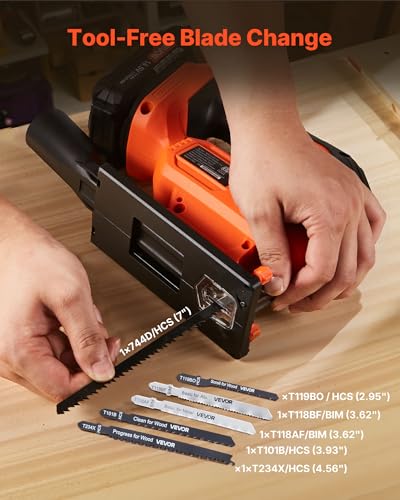 VEVOR 20V Brushless Cordless Jig Saw, 7/8" Jigsaw Tool for Makita 18V Battery, 3500 SPM & 6 Variable Speed, Battery & Charger, LED Light, 0-45° Bevel Cuts, 6 Blades, 4 Orbital Settings, Wood & Metal - size: 7/8 in-110V