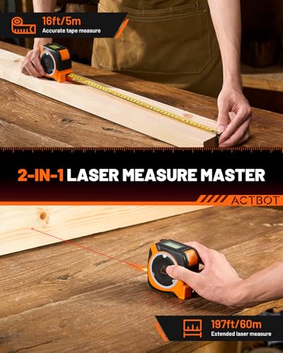 2-in-1 Digital Laser Tape Measure: 197ft & 16ft Professional Accurate Tape Measuring Tool, Ft/Ft+in/in/M, Pythagorean, Area, Volume Rechargeable Laser Measure for Construction DIY Woodworker