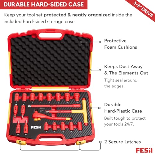 FESA Electrician Insulated Socket Set - 1000V 20-Piece Professional Insulated Ratchet & Socket Wrench Set (3/8" Drive) w/T-Handle, Extension & 4 Hex Bits - 1000 Volt Tools for Electricians - style: 3/8" Drive (Storage Case)