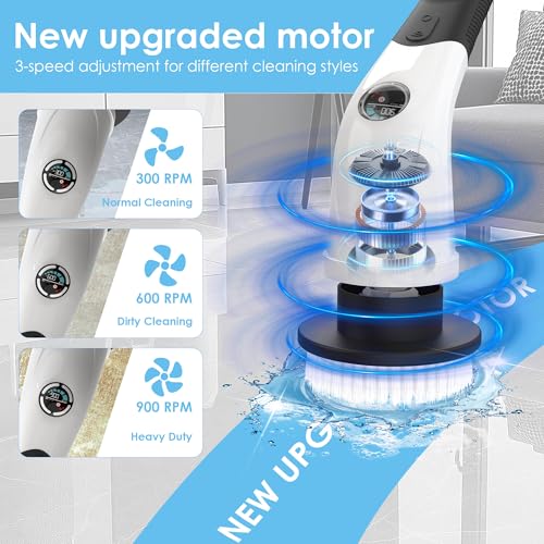 Electric Spin Scrubber, Cordless Cleaning Brush with 180 Min Runtime, 3-Speed, 7 Replaceable Brush Heads & Long Detachable Handle, LCD Display (RPM/Torque/Battery), for Bathroom, Kitchen, Tile