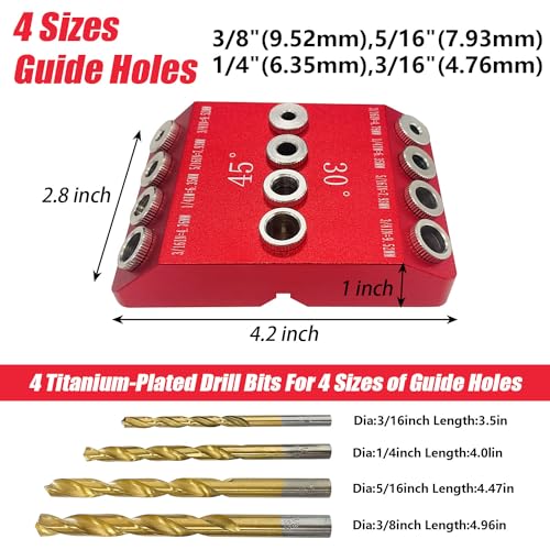 30 45 90 Degree Angle Drill Guide Jig with 4 Drill Bits for Angled/Straight Holes, 4 Sizes Aluminum Drill Hole Guide Jig Drill Template Block for Cable Railing Deck Stair Handrail