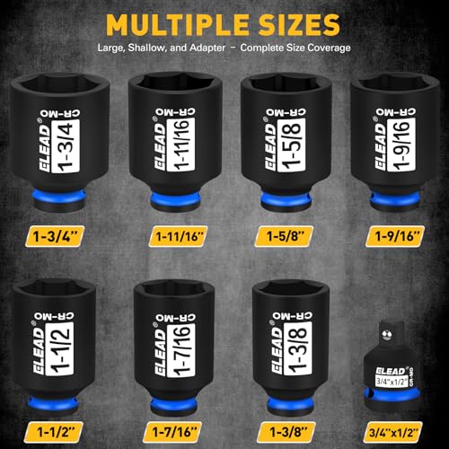 1/2'' Drive Deep Impact Socket Set, 8-Piece SAE Wheel Axle Nut Wrench Large Sockets Standard Adapter 1-11/16 1-9/16 1-3/8 1-7/16 1-1/2 1-5/8 1-3/4 Imperial Spindle Joint Torque Bearing Locknut Truck - style: SAE 6-Point