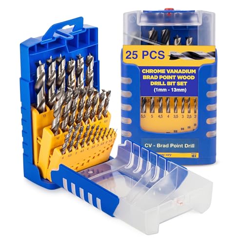 Brad Point Drill Bit Set -Chrome Vanadium Wood Drill, Sizes 1mm-13mm 25 Pcs - size: 1 - 13 mm