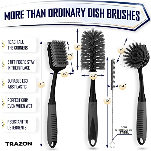 Dish Brush Set of 4 - Kitchen Scrub Brushes with Non-Slip Long Handle for Cleaning, Scrubber, Dishwashing, Dishes, Bottles, Straws, Cups, Pots & Sink, Black - color: Black