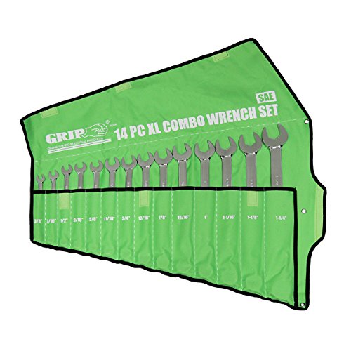 Grip 14 pc XL Professional V-Cut Combination Wrench Set SAE - Chrome Vanadium Steel - Chrome Plated - 15 Degree Angled - 12 point Boxed Ends - Heavy Duty Storage Pouch