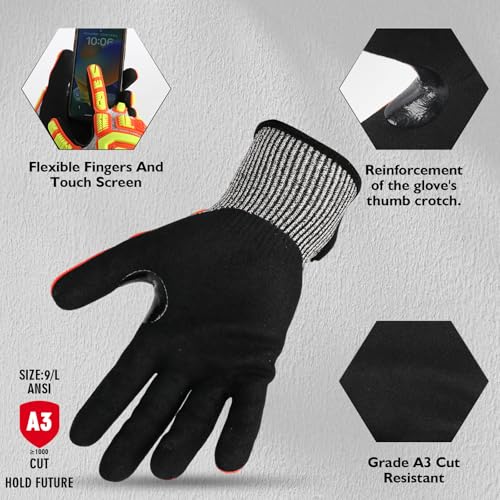 Protective Gloves Cut Resistant A3 Impact Resistant Touchscreen Sandy Nitrile Coating Reinforcement - size: X-Large