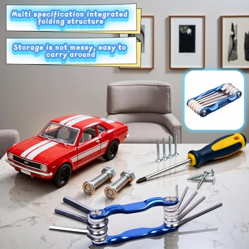 Professional 8-in-1 Folding Hex Key Set, CR-V Steel Metric Allen Wrench Multi-Tool, Blue, 1.5-6mm, Compact Design with Carabiner for Bike, Auto, Furniture Repair