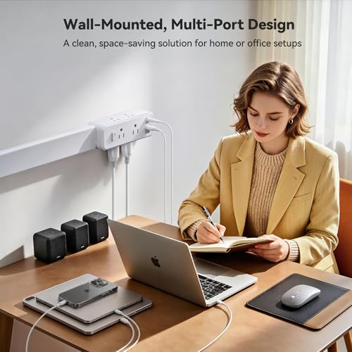 Outlet Extender Stick, 360° Rotating Wall Outlet Expander with 22-35" Extendable Base, 10-in-1 Power Strip Stick with 6 AC Outlets, 4 USB Ports (2 USB-C), Flat Plug for Behind Couch, Home, Office