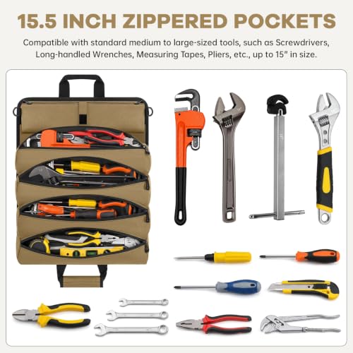 ANILD 15.5 Inch Extra Long Tool Bag Roll Up, Roll Up Tool Bag Organizer - color: Khaki, size: Large