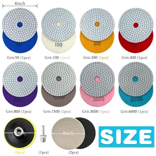 4 Inch Diamond Polishing Pads with 5/8’’-11 Backer Pad, 12PCS Wet/Dry Granite Stone Polish Pad Kit for Drill, Grinder, Polisher, 50-6000 Grit Polishing Pad for Concrete Marble Rock Countertop Quartz - size: 4 Inch 50-6000 Grit